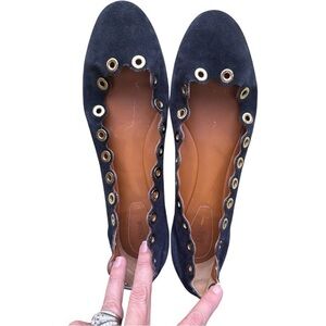 Chloe Flo Dark Blue Navy Suede Scalloped Gold Grommet Ballet Flats Size 39.5